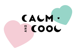 Calm and cool text with pink and teal heart graphics