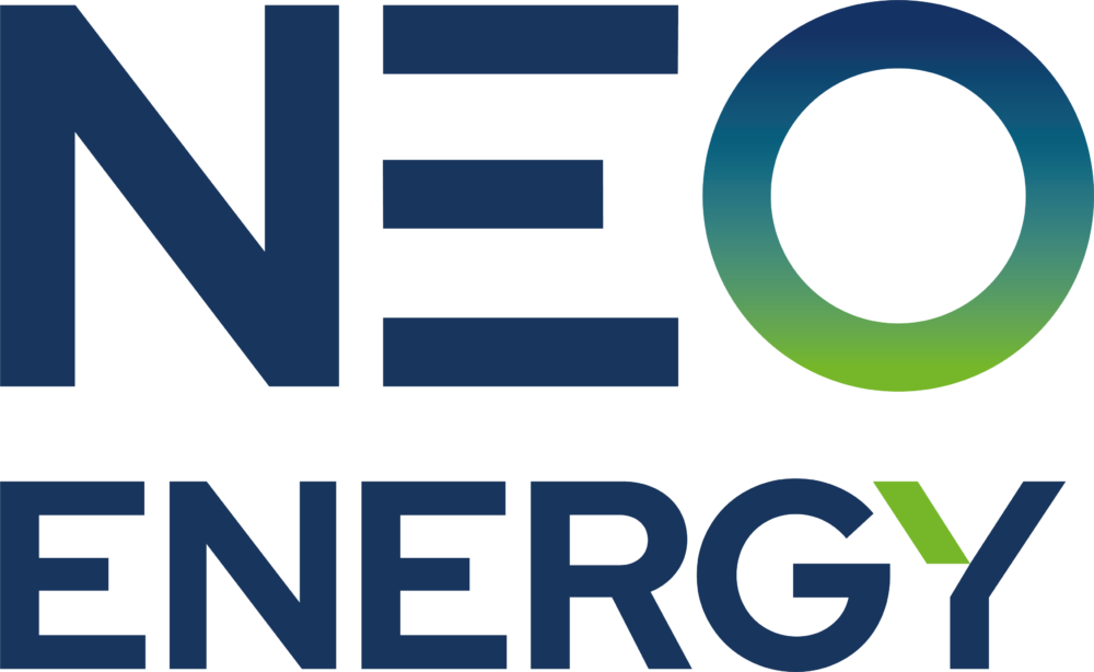 NEO Energy logo with blue text and green accent design
