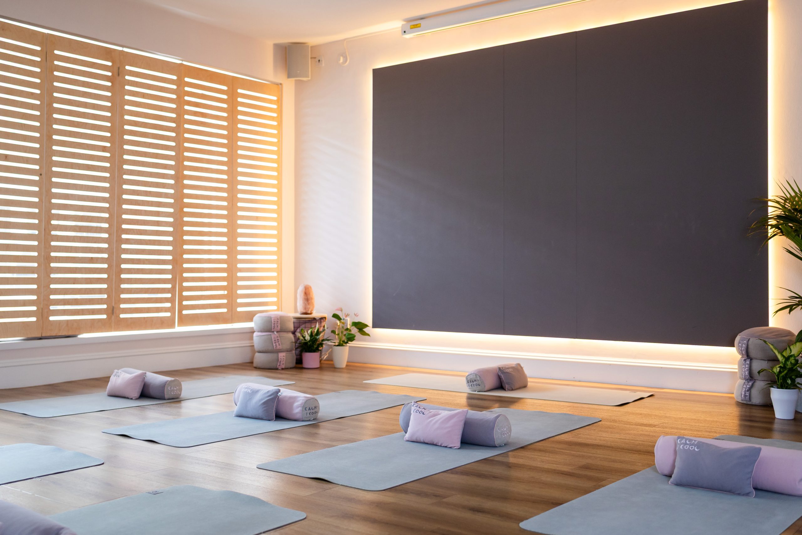 Peaceful yoga studio with mats and calm natural lighting