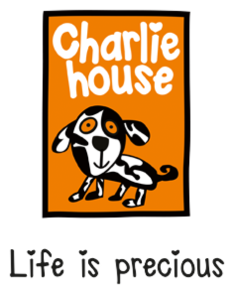 Charlie house logo with a cartoon dog and life is precious text